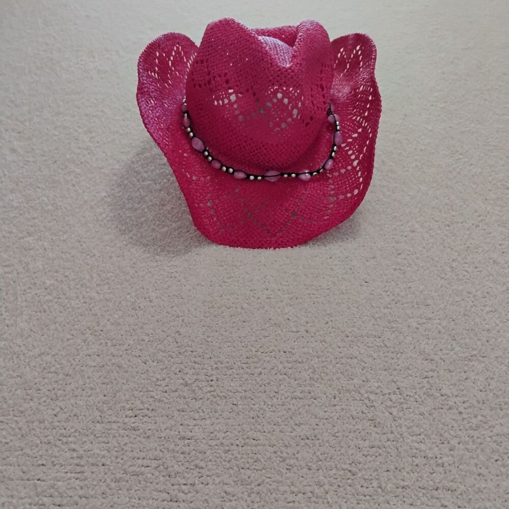 NWT Pink Straw Belted Hat Wire Rim Moldable Barbie Cowgirl Western Girly OS